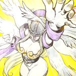  1girl angel angel_wings angewomon arm_up asymmetrical_clothes belt blonde_hair bodysuit breasts cleavage commentary_request covered_eyes cowboy_shot digimon digimon_(creature) elbow_gloves feathered_wings gloves hagoromo helmet large_breasts long_hair multiple_wings o-ring o-ring_belt open_mouth shawl sidelocks signature simple_background solo standing watanabe_kenji white_bodysuit winged_helmet wings wrist_wings yellow_background 