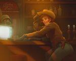  1girl artist_request bar_(place) black_gloves cowboy_hat cup denim drinking_glass fallout_(series) fallout_new_vegas gloves hat highres jacket jeans looking_at_viewer looking_back ncr_veteran_ranger nuka_cola pants red_hair red_lips rose_of_sharon_cassidy smile 