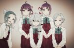  5girls ahoge black_hair black_ribbon bonozako braid collared_shirt dress dress_shirt forehead fujinami_(kancolle) gradient_hair green_eyes green_hair grey_hair hair_over_eyes hair_ribbon half_updo halter_dress halterneck hamanami_(kancolle) hayanami_(kancolle) highres kantai_collection long_hair medium_hair mole mole_on_neck multicolored_hair multiple_girls ribbon school_uniform shirt short_hair side_ponytail single_braid sitting sleeveless sleeveless_dress standing suzunami_(kancolle) swept_bangs tamanami_(kancolle) v v_arms white_hair white_ribbon white_shirt yellow_eyes 