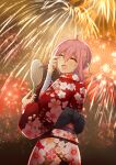  1girl absurdres ahoge bandaged_arm bandages commentary_request crying fingernails fireworks floral_print fudou_yukimitsu_(tenka_hyakken) hand_fan hand_tattoo highres japanese_clothes kazayuki_kaya kimono long_fingernails looking_back night obi_bow open_mouth pink_hair raised_eyebrows sidelocks solo tattoo tears tenka_hyakken wiping_tears yukata 