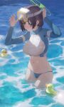  1girl absurdres bikini bikini_bottom_only blue_archive blue_eyes blush breasts dingding_(chongsangjun) goggles goggles_on_head halo highres large_breasts navel official_alternate_costume purple_hair rash_guard rubber_duck saki_(blue_archive) saki_(swimsuit)_(blue_archive) short_hair solo stomach swimsuit wading water wet 