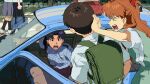  1boy 2girls 2others backpack bag black_eyes black_hair black_skirt blue_shirt breast_pocket car collared_shirt commentary day earrings english_commentary facing_away green_skirt highres ikari_shinji interface_headset jewelry katsuragi_misato long_hair motor_vehicle multiple_girls multiple_others neon_genesis_evangelion open_door open_mouth orange_hair outdoors pocket police police_car police_uniform policewoman profile purple_hair pushing_away saplemu school_uniform shirt shirt_tucked_in short_hair short_sleeves shoulder_boards sideways_mouth skirt souryuu_asuka_langley stud_earrings teeth tokyo-3_middle_school_uniform uniform upper_teeth_only white_shirt 