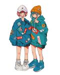  2girls aqua_eyes aqua_hair aqua_hoodie aqua_socks aqua_sweater badge baseball_cap beanie blue_footwear blue_sweater button_badge drawstring full_body hand_up hat highres hood hood_down hooded_sweater hoodie long_sleeves looking_at_viewer multiple_girls nao97122 nike original oversized_clothes patch pink_hair ribbed_socks shoes short_hair simple_background sneakers socks standing straight-on streetwear sweater white_background white_footwear white_headwear white_socks yellow_headwear 