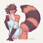  2023 anthro black_nose brown_body brown_fur brown_hair clothing digital_media_(artwork) facial_markings female fur gloves_(marking) green_eyes hair head_markings herm_(lore) hi_res holding_object holding_phone looking_at_viewer mammal markings mask_(marking) phone procyonid raccoon runa_ravnsdal shirt simple_background smile solo striped_markings striped_tail stripes tail tail_markings tongue tongue_out topwear trololohstuffs white_background white_clothing white_shirt white_topwear 