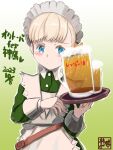  1girl alcohol apron artist_logo beer beer_mug belt blonde_hair blue_eyes blunt_bangs brown_belt cowboy_shot cup dress gradient_background green_background green_dress hair_ribbon highres kantai_collection long_hair maid maid_headdress mug official_alternate_costume one-hour_drawing_challenge orange_ribbon ribbon shin&#039;you_(kancolle) shizuwaza solo white_apron 