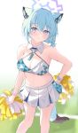  1girl absurdres animal_ears blue_archive breasts cleavage green_hair highres midriff millennium_cheerleader_outfit_(blue_archive) miniskirt navel pom_pom_(cheerleading) purple_eyes scio_12 shigure_(blue_archive) skirt smile sweat tail wristband 