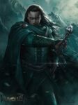 1boy belt black_eyes black_hair cloak copyright_name european_clothes green_cloak hodur_(valhalla_lost) holding holding_sword holding_weapon long_hair looking_at_viewer outdoors signature solo sword valhalla_lost watermark weapon yinyuming 