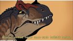  allosaurid allosaurus ambiguous_gender astarcis black_body black_scales brown_body brown_scales dinosaur english_text feral grimace head_crest meme mouth_closed profanity reptile scales scalie sharp_teeth simple_background solo teeth text theropod 