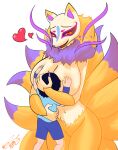  &lt;3 absurd_res age_difference anthro asian_mythology big_breasts breasts canid canine duo east_asian_mythology embrace female fox fox_spirit fur hand_on_breast hi_res hug human humanoid japanese_mythology kyubi_(yo-kai_watch) male male/female mammal megi mythology navel open_mouth purple_body purple_fur size_difference smaller_male yellow_body yellow_eyes yellow_fur yo-kai_watch yokai younger_male 