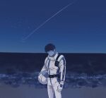  0ml 1boy absurdres amuro_ray beach blue_theme blurry char&#039;s_counterattack closed_mouth curly_hair expressionless gundam headwear_removed helmet helmet_removed highres holding holding_helmet looking_at_viewer male_focus night night_sky ocean outdoors sand shooting_star short_hair sky solo spacesuit standing star_(sky) starry_sky 