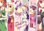  6+girls apron back_bow bespectacled black_thighhighs blonde_hair blue_hair blue_skirt blue_vest blunt_bangs book bow braid brown_eyes busujima_(kusahana) capelet closed_mouth collared_shirt cowboy_shot crescent crescent_hat_ornament embodiment_of_scarlet_devil fang fang_out flandre_scarlet frilled_apron frilled_shirt frilled_shirt_collar frilled_sleeves frills from_behind glasses green_eyes green_headwear green_skirt green_vest grey_hair hand_on_own_knee hat hat_ornament hat_ribbon holding holding_book hong_meiling izayoi_sakuya koakuma large_bow light_smile long_hair long_sleeves looking_at_viewer looking_back maid maid_headdress medium_hair mob_cap multiple_girls necktie one-hour_drawing_challenge open_mouth orange_hair patchouli_knowledge pink_capelet pink_hair pink_shirt pink_skirt puffy_short_sleeves puffy_sleeves purple_eyes purple_hair purple_ribbon red_eyes red_necktie red_skirt red_vest remilia_scarlet ribbon round_eyewear shirt short_sleeves skirt skirt_set sleeve_ribbon thighhighs thighs touhou twin_braids vest waist_apron white_apron white_headwear white_shirt 