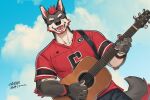  5_fingers anthro canid canine canyne_khai claws clothed clothing countershade_face countershade_fur countershade_neck countershading eyebrows eyes_closed fingers fur guitar inner_ear_fluff male mammal musical_instrument open_mouth open_smile pawpads playing_guitar playing_music plucked_string_instrument red_clothing red_shirt red_topwear shirt smile solo string_instrument tail topwear tuft 