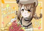  1girl alcohol_carton animal_ears bear_ears beret blush bouquet braid brown_background brown_eyes brown_hair closed_mouth commentary_request confetti flower grey_headwear happy_birthday hat highres konan_mia looking_at_viewer low_twin_braids nanashi_inc. red_flower red_rose rose short_hair sidelocks smile solo tatamiya twin_braids upper_body 