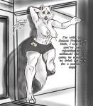  2023 abs anthro badge big_breasts black_and_white bodily_fluids bottomwear breasts camel_toe canid canine canis clothed clothing door doorway english_text exposed_breasts female first_person_view fluffy hallway hi_res lactating looking_at_viewer mammal milk monochrome muscular muscular_anthro muscular_female paws shaded shorts solo somewhatsketchy spats tail text thick_thighs thigh_gap wide_hips wolf yellow_eyes 