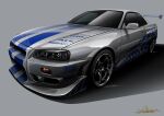  2_fast_2_furious car grey_background highres motor_vehicle nissan nissan_skyline nissan_skyline_gt-r nissan_skyline_r34 no_humans shadow signature spoiler_(automobile) the_fast_and_the_furious tsu-chan vehicle_focus 