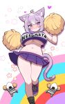  1girl :3 ahoge alternate_costume animal_ear_fluff animal_ears bare_arms bare_shoulders black_panties black_socks blush breasts cat_ears cat_girl cat_ornament cat_tail character_name closed_mouth colored_inner_hair contrapposto crop_top crop_top_overhang curvy feet_out_of_frame food from_below hair_between_eyes hands_up highres holding holding_pom_poms hololive kani_bonara large_breasts looking_at_viewer medium_hair midriff miniskirt multicolored_hair navel nekomata_okayu no_bra onigiri onigirya_(nekomata_okayu) panties panty_peek pantyshot pleated_skirt pom_pom_(cheerleading) purple_eyes purple_hair purple_skirt rainbow romaji_text shoes skirt smile sneakers socks standing standing_on_one_leg tail thigh_gap underboob underwear virtual_youtuber wide_hips 