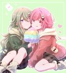  2girls :q brown_skirt cotton_candy food green_hair green_jacket grey_background hair_ornament highres holding holding_food jacket kusanagi_nene long_sleeves looking_at_viewer multiple_girls oekakimmy one_eye_closed ootori_emu osanpo_usa-chan_coord_(project_sekai) pink_eyes pink_hair pink_jacket plaid plaid_skirt project_sekai purple_eyes rabbit_hair_ornament short_hair simple_background sitting skirt smile socks tongue tongue_out white_socks x_hair_ornament 
