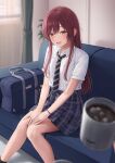  1girl 1other bag bare_legs blush brown_hair coffee_mug couch cup feet_out_of_frame grey_skirt highres idolmaster idolmaster_shiny_colors indoors long_hair looking_at_viewer mikazuchi_zeus mug on_couch osaki_amana plaid plaid_skirt pleated_skirt school_bag school_uniform shirt short_sleeves sitting skirt smile solo_focus straight_hair very_long_hair white_shirt yellow_eyes 