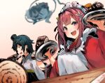  3girls akagi_(kancolle) apron black_hair black_headwear blurry blurry_background blurry_foreground bow flower food hair_between_eyes hair_bow hair_flower hair_ornament hat highres holding holding_plate japanese_clothes kamikaze_(kancolle) kantai_collection kimono long_hair long_sleeves looking_at_viewer maid_headdress matsukaze_(kancolle) multiple_girls official_alternate_costume open_mouth pink_eyes plate red_hair short_hair simple_background sunday_aki top_hat upper_body white_apron wide_sleeves 