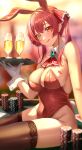  1girl :q absurdres animal_ears armpit_crease arrow_through_heart ascot bare_shoulders black_thighhighs blurry blurry_foreground breast_tattoo breasts champagne_flute commentary_request cup depth_of_field detached_collar drinking_glass fake_animal_ears fake_tail gloves hair_ribbon heterochromia highleg highleg_leotard highres holding holding_tray hololive houshou_marine kobayashi_(jna_x_rgh) large_breasts leotard light_blush long_hair looking_at_viewer looking_back playboy_bunny poker_chip rabbit_ears rabbit_tail red_ascot red_eyes red_hair red_leotard red_ribbon ribbon sitting solo strapless strapless_leotard tail tattoo thighhighs tongue tongue_out tray twintails virtual_youtuber white_gloves yellow_eyes 