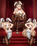  3girls adapted_costume animal_ears arms_up black_bow black_bowtie black_hairband black_pantyhose blonde_hair blue_eyes bow bowtie braid breasts bunny_day covered_navel crossed_legs crown detached_collar fake_animal_ears french_braid hairband high_heels highres janus_(kancolle) jervis_(kancolle) kantai_collection large_breasts leotard long_hair looking_at_viewer mini_crown multiple_girls open_mouth pantyhose parted_bangs playboy_bunny red_bow red_bowtie short_hair sitting small_breasts smile strapless strapless_leotard throne traditional_bowtie ura_tomomi warspite_(kancolle) white_footwear white_leotard white_wrist_cuffs 