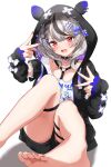  1girl :d absurdres amane_kanata amane_kanata_(6th_costume) amane_kanata_(cosplay) animal_hood barefoot black_hair black_hoodie black_shorts blush braid choker commentary_request cosplay earclip fang feet foot_out_of_frame foreshortening grey_hair hair_ornament highres hololive hood hoodie jacket knees_up legs long_sleeves looking_at_viewer medium_hair multicolored_hair nail_polish open_clothes open_jacket red_eyes red_nails rinkaa_(lovelive765pro2) sakamata_chloe shorts simple_background sitting skin_fang sleeve_bow smile solo streaked_hair thigh_strap toenail_polish toenails toes v virtual_youtuber w white_background 