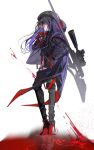  1girl 1mayusibayu beret black_gloves black_hair black_headwear black_jacket black_serafuku blood colored_inner_hair eunhwa_(nikke) fingerless_gloves full_body gloves goddess_of_victory:_nikke gun hat high_heels hood hooded_jacket jacket long_hair multicolored_hair pool_of_blood purple_eyes purple_hair red_jacket reflection rifle school_uniform serafuku sniper_rifle solo two-sided_fabric two-sided_jacket weapon weapon_on_back 