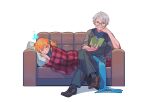  1boy 1girl black_pants black_vest blanket blue_butterfly blue_eyes blue_scrunchie book brown_footwear bug butterfly closed_eyes collared_shirt couch crossed_legs facial_hair fate/grand_order fate_(series) fujimaru_ritsuka_(female) grey_hair grey_shirt highres holding holding_book james_moriarty_(archer)_(fate) matching_outfits mustache neck old old_man one_side_up oneroom-disco orange_hair pants pillow plaid_blanket polka_dot_necktie reading scrunchie shirt short_hair simple_background sleeping vest white_background 