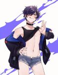  1boy :d absurdres black_jacket black_tank_top clothes_lift collar denim denim_shorts hair_ornament hair_over_one_eye hairclip hairpin highres indie_virtual_youtuber jacket looking_at_viewer male_focus midriff navel nipples off_shoulder purple_eyes purple_hair rillia_rei shirt_lift short_hair short_shorts shorts shoto_(vtuber) simple_background smile solo stomach tank_top toned toned_male tongue tongue_out torn_clothes torn_shorts 