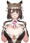  1girl animal_ears artist_name black_hair blue_eyes blush bow bowtie breasts cleavage commentary_request detached_collar fang glasses gloves hair_ornament hairband hairclip highres large_breasts looking_at_viewer open_mouth original red_bow red_bowtie red_ribbon ribbon semi-rimless_eyewear short_hair signature skin_fang smile solo toridamono under-rim_eyewear upper_body white_gloves white_hairband x_x yellow-framed_eyewear 