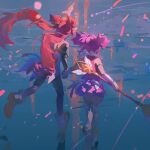  2girls arm_up bare_shoulders elbow_gloves from_behind gloves green_background hair_ornament highres holding holding_hands holding_staff holy_pumpkin index_finger_raised jinx_(league_of_legends) league_of_legends long_hair lux_(league_of_legends) multicolored_background multiple_girls pink_shirt pink_skirt pointing pointing_up red_hair shirt shoes skirt staff standing star_(symbol) star_guardian_(league_of_legends) star_guardian_jinx star_guardian_lux star_hair_ornament twintails white_gloves 