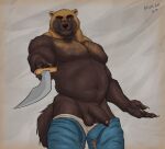  2023 abs aduran anthro balls barechested belt biceps body_hair bottomwear bottomwear_down briefs chest_hair clothed clothing first_person_view foreskin genitals grin grinning_at_viewer gulonine half-erect hi_res holding_object holding_sword holding_weapon looking_at_viewer low-angle_view male mammal manly melee_weapon musclegut muscular muscular_arms muscular_butt mustelid musteline navel nipples pants pants_down partially_clothed pecs penis shirtless shirtless_male simple_background slightly_chubby smile solo sword topless topless_male triceps underwear weapon wolverine 