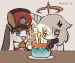  1girl 1other birthday black_eyes black_scarf blue_eyes blush_stickers candle chibi commentary confetti english_commentary fire flame floppy_ears fur-trimmed_jacket fur_trim genshin_impact grey_hair hair_between_eyes halo hat honkai:_star_rail honkai_(series) jacket long_hair looking_at_another nbb3 open_mouth paimon_(genshin_impact) party_popper plate pom-pom_(honkai:_star_rail) red_headwear red_jacket scarf shako_cap shirt sidelocks slime_(genshin_impact) smile table upper_body wavy_eyes white_shirt wooden_table 