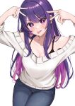  1girl absurdres bare_shoulders black_bra blush bra breasts cleavage collarbone colored_inner_hair commentary denim double_v highres hoshino_ai_(oshi_no_ko) jeans long_hair multicolored_hair off-shoulder_sweater off_shoulder oshi_no_ko pants pink_hair purple_eyes purple_hair sidelocks simple_background solo star-shaped_pupils star_(symbol) sweater symbol-shaped_pupils teeth tongue tongue_out underline_(yuki154cm) underwear v white_background white_sweater 