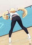  1girl aki_rosenthal angelchama ass ass_focus bent_over black_undershirt blonde_hair clothes_writing crop_top detached_hair highres hololive hololive_dance_practice_uniform official_alternate_costume pants pantylines presenting_ass reflective_floor shirt shoes solo thighs twintails undershirt virtual_youtuber white_footwear white_shirt yoga_pants 
