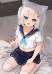  1girl :d absurdres animal_ear_fluff animal_ears bed_sheet black_sailor_collar black_skirt blue_eyes blue_neckerchief blue_ribbon blurry blurry_background blush cat_ears cat_girl cat_tail collarbone commentary_request depth_of_field fang grey_hair hair_ornament hair_ribbon hairclip highres hinata_(user_rjkt4745) long_hair looking_at_viewer midriff navel neckerchief no_shoes original pleated_skirt ribbon sailor_collar school_uniform serafuku shirt short_sleeves sitting skirt smile solo tail thighhighs twintails very_long_hair wariza white_shirt white_thighhighs 