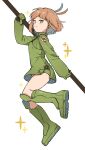  1girl belt bob_cut boots breasts brown_hair closed_mouth feather_hair from_side full_body gloves green_eyes green_footwear green_gloves green_shorts hand_up highres holding holding_polearm holding_weapon knee_boots konami_kirie long_sleeves looking_at_viewer looking_to_the_side nana_0253 polearm shoe_soles short_hair shorts simple_background smile solo sparkle weapon white_background world_trigger 