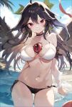  1girl absurdres arm_behind_back bikini bird_wings black_hair black_wings blush bow breasts commentary_request green_bow hair_bow highres large_breasts long_hair looking_at_viewer navel red_eyes reiuji_utsuho ribbon side-tie_bikini_bottom smile solo swimsuit tetsurou_(fe+) third_eye touhou water waves wings 