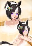  1girl animal_ears bathing black_hair highres hokko_tarumae_(umamusume) horse_ears horse_girl horse_tail looking_at_viewer multicolored_hair partially_submerged purple_eyes smile steam striped tail towel towel_on_head two-tone_hair umamusume white_hair yamaboshi_ryuu 