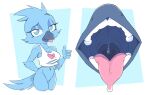  2023 anthro avian beak bird blue_body blue_feathers breasts clothed clothing digital_media_(artwork) feathers female gaping_mouth lecigzz meme midriff mouth_shot open_mouth simple_background solo teeth tongue tongue_out tweetfur twitter twitter_bird uvula x_(social_media) x_corporation 