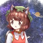  1girl animal_ears brown_eyes brown_hair cat_ears cat_girl cat_tail chen chinese_clothes confused curly_hair face_of_the_people_who_sank_all_their_money_into_the_fx_(meme) meme multiple_tails red_eyes ribbon saturn_(planet) shirt short_hair solo space suna_sen tail touhou white_ribbon white_shirt 