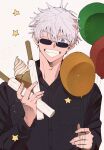  1boy balloon black_shirt blue_eyes churro collared_shirt deka_power food gojou_satoru grin hands_up highres holding holding_balloon holding_food ice_cream jujutsu_kaisen long_sleeves looking_at_viewer male_focus one_eye_closed shirt short_hair simple_background smile solo star_(symbol) sunglasses teeth upper_body white_background white_hair 