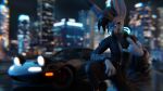  absurd_res anthro canid canine canis car city city_background cityscape clothed clothing cyberpunk fox growling hi_res itsfloofy kneeling long_ears male mammal rexouium solo vehicle wolf 