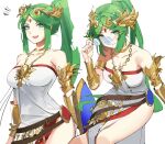  1girl alternate_hairstyle armlet bare_shoulders belt blush breasts chiton circlet cleavage coke-bottle_glasses collarbone dress english_commentary forehead_jewel glasses gold green_eyes green_hair jewelry kid_icarus kid_icarus_uprising large_breasts laurel_crown long_hair looking_at_viewer multiple_belts necklace open_mouth ormille palutena parted_bangs pendant ponytail side_slit smile solo strapless strapless_dress thighhighs tiara vambraces very_long_hair white_dress 