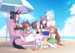  6+girls :o aged_down ahoge all_fours animal_ears bare_shoulders barefoot beach_umbrella bikini black_bikini blue_dress blue_hair blush bracelet braid breasts brown_hair chair cleavage closed_eyes closed_mouth cloud crown_braid cup day disposable_cup dress drinking eating food fruit green_dress hair_bun hair_ornament holding holding_food horizon horse_ears horse_girl horse_tail jewelry large_breasts licking_lips long_hair looking_at_viewer lounge_chair mejiro_ardan_(umamusume) mejiro_bright_(umamusume) mejiro_dober_(umamusume) mejiro_family_(umamusume) mejiro_mcqueen_(umamusume) mejiro_palmer_(umamusume) mejiro_ramonu_(umamusume) mejiro_ryan_(umamusume) multicolored_hair multiple_girls ocean open_mouth outdoors ponytail purple_hair romi_(346_ura) sand sand_castle sand_sculpture see-through see-through_shirt shirt short_hair sideways_glance sitting sitting_on_lap sitting_on_person smile streaked_hair sunglasses swimsuit tail tank_top tied_shirt tongue tongue_out trowel umamusume umbrella watermelon watermelon_slice white_bikini 