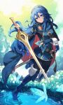  1girl blue_bodysuit blue_cape blue_eyes blue_footwear blue_gloves blue_hair bodysuit bug butterfly cape fingerless_gloves fire_emblem fire_emblem_awakening gloves holding holding_sword holding_weapon long_hair looking_at_viewer lucina_(fire_emblem) nakabayashi_zun red_cape smile solo standing standing_on_liquid sword tiara water watermark weapon 