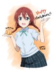  ! !! 1girl arms_up blue_eyes braid breasts brown_hair commentary_request cropped_legs dated emma_verde food freckles hair_between_eyes happy_halloween holding holding_food holding_pumpkin holding_vegetable large_breasts long_hair looking_at_viewer love_live! love_live!_nijigasaki_high_school_idol_club low_twin_braids nijigasaki_academy_school_uniform open_mouth pumpkin school_uniform signature smile solo teeth twin_braids two-tone_background upper_teeth_only vegetable watanabe_keisuke 