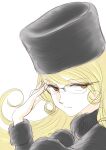  1970s_(style) 1980s_(style) 1girl absurdres adjusting_eyewear blonde_hair brown_eyes coat commentary_request fur_coat fur_hat ginga_tetsudou_999 glasses hat highres long_hair looking_at_viewer maetel matsumoto_leiji_(style) portrait retro_artstyle serious sketch upper_body white_background yunarisaharuka 