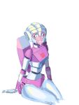  1girl arcee autobot backpack bag blue_eyes breasts helmet highres humanoid_robot image_sample itstom06331391 looking_at_viewer mecha narrow_waist panties pink_panties robot science_fiction simple_background sitting small_breasts smile solo thighs transformers twitter_sample underwear white_background 