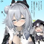  2girls absurdres azur_lane blue_background blue_eyes blurry blurry_background breasts cellphone chibi cleavage elbe_(azur_lane) fountain_haze gloves grey_hair hair_between_eyes hair_ornament hairclip hat highres jade_(azur_lane) large_breasts military_uniform mole mole_under_eye multiple_girls open_mouth phone portrait simple_background tears translation_request uniform 